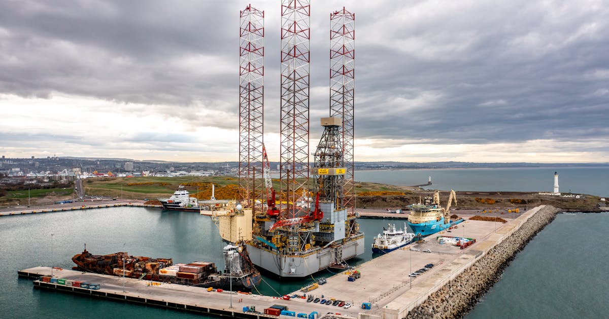 Aberdeen harbour and city skyline with silver granite buildings and the North Sea