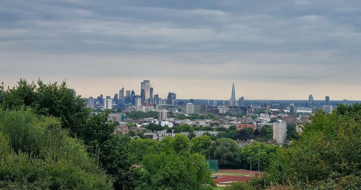 London cityscape from Primrose Hill with lush greenery and cloudy skies