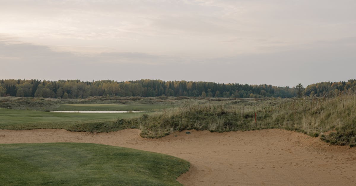 A peaceful golf course landscape at dawn with sand trap and distant trees